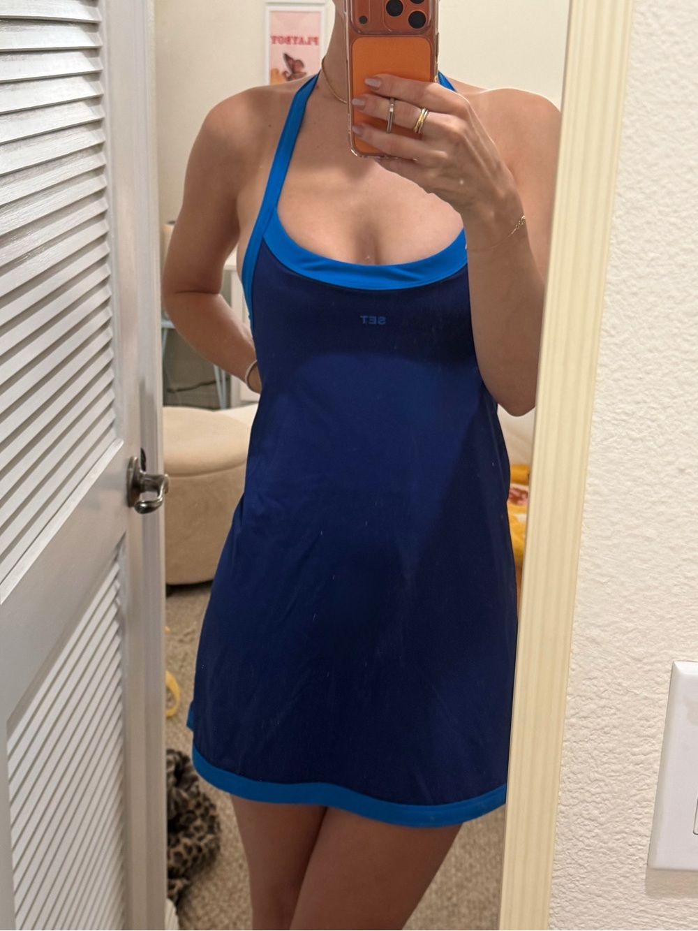 Set active Blue Halter Tennis Dress with Light Blue Trim